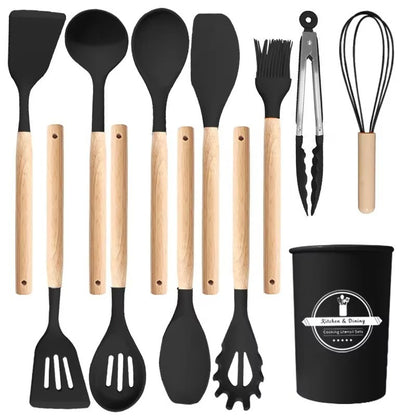 12pc Silicone Utensil Set With Wooden Handle