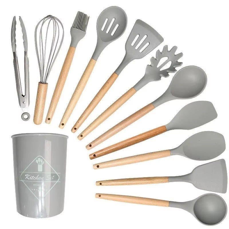 12pc Silicone Utensil Set With Wooden Handle