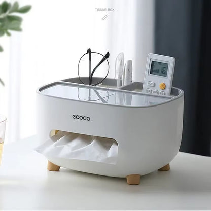 Multifunctional Tissue Box & Desk Organizer with Remote Storage