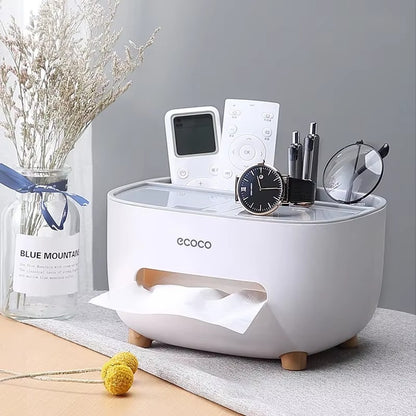 Multifunctional Tissue Box & Desk Organizer with Remote Storage